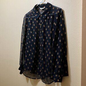 ModCloth Black Sheer Gold Diamond Pattern Long Sleeve Button Up Blouse Size 1X